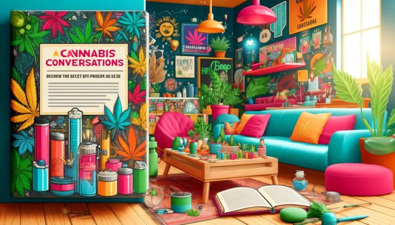 A vibrantly colored corner of a lively store setting, with a couch and coffee table covered in cannabis products that suggest what this podcast episode is about.