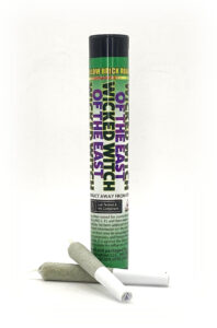 An image of Wicked Witch of the East pre-roll packaging alongside two 0.5g joints.